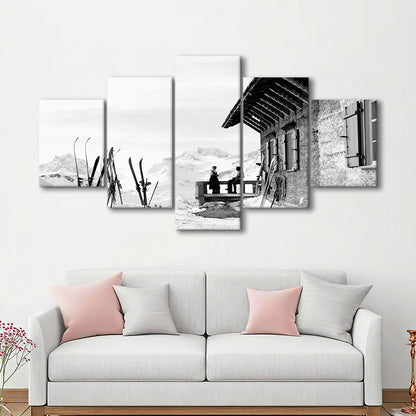 Vintage Apres Ski, Black and White, Skiing Print, Vintage Ski Photo Print, Ski Wall Art, Mixed 5 Pieces Canvas Print