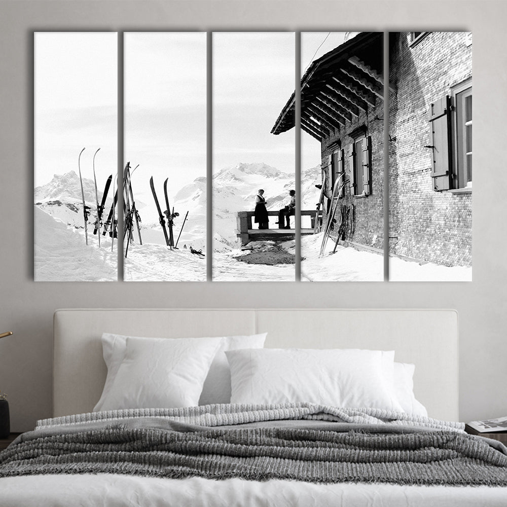 Vintage Apres Ski, Black and White, Skiing Print, Vintage Ski Photo Print, Ski Wall Art, 5 Pieces Large Canvas Print