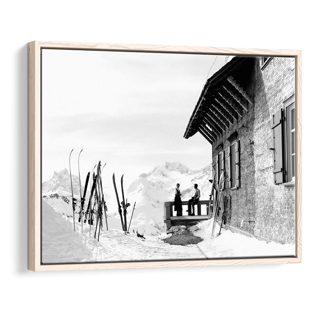 Vintage Apres Ski, Black and White, Skiing Print, Vintage Ski Photo Print, Floating Framed Canvas Print