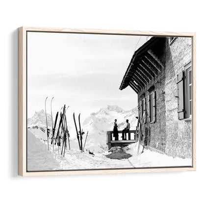 Vintage Apres Ski, Black and White, Skiing Print, Vintage Ski Photo Print, Floating Framed Canvas Print