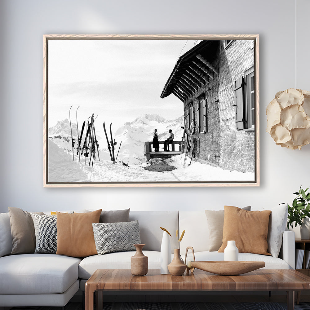 Vintage Apres Ski, Black and White, Skiing Print, Vintage Ski Photo Print, Floating Framed Canvas Print