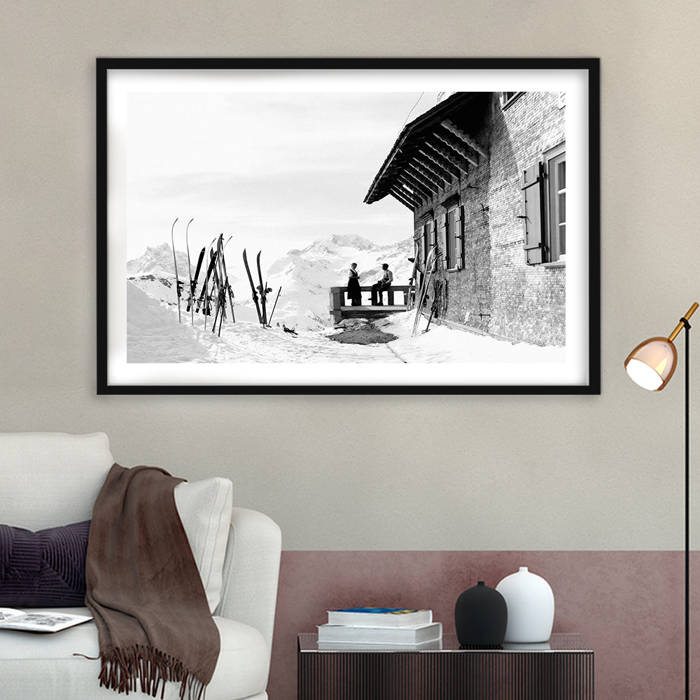 Vintage Apres Ski, Black and White, Skiing Print, Vintage Ski Wall Art, Framed Art Print White Border Wall Decor