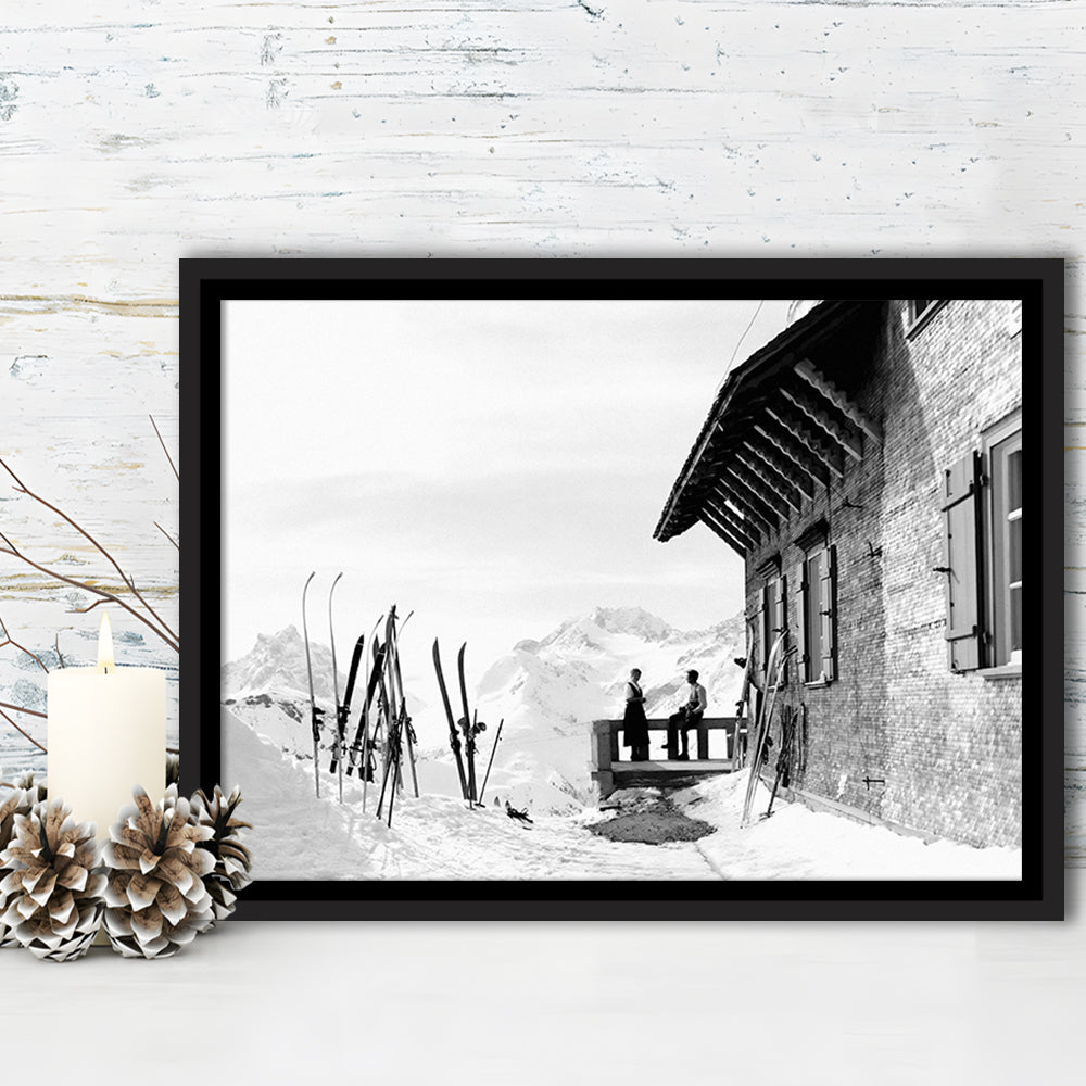 Vintage Apres Ski, Black and White, Skiing Print, Vintage Ski Photo Print, Floating Framed Canvas Print
