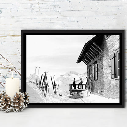 Vintage Apres Ski, Black and White, Skiing Print, Vintage Ski Photo Print, Floating Framed Canvas Print
