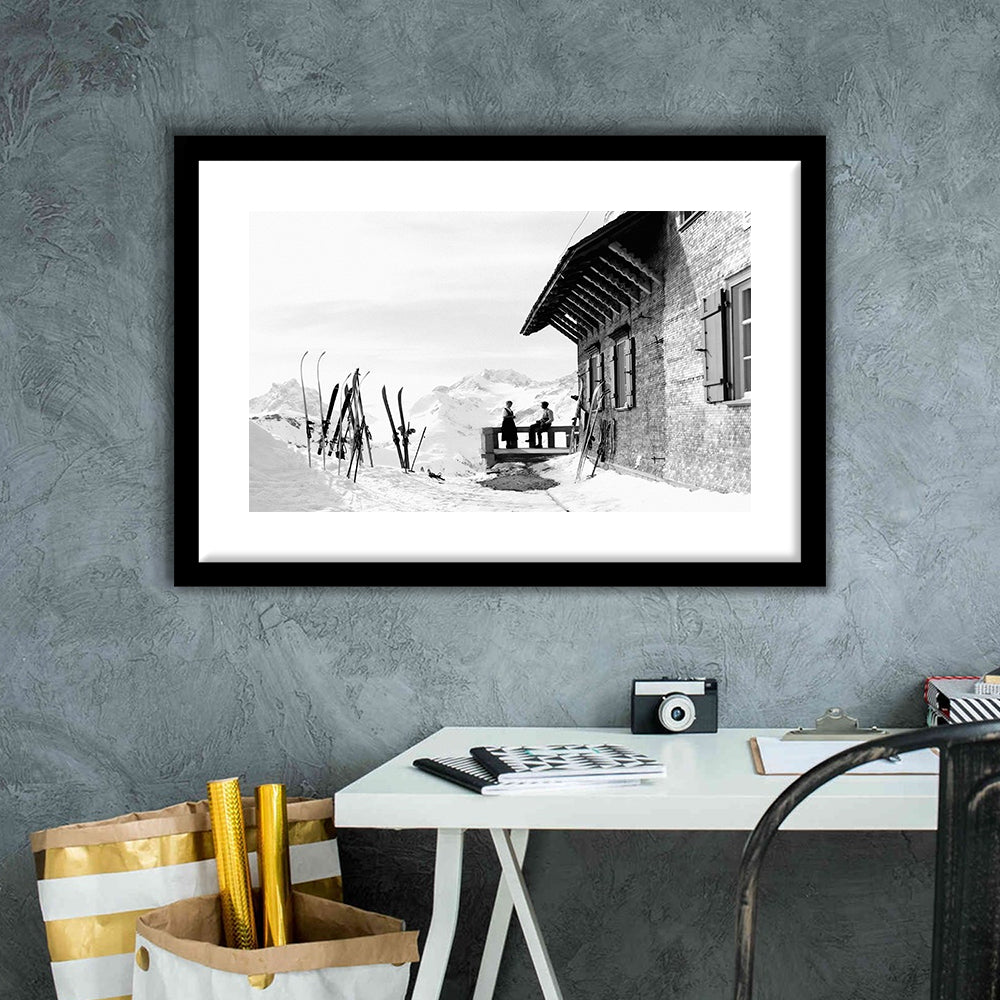 Vintage Apres Ski, Black and White, Skiing Print, Vintage Ski Wall Art, Framed Art Print White Border Wall Decor