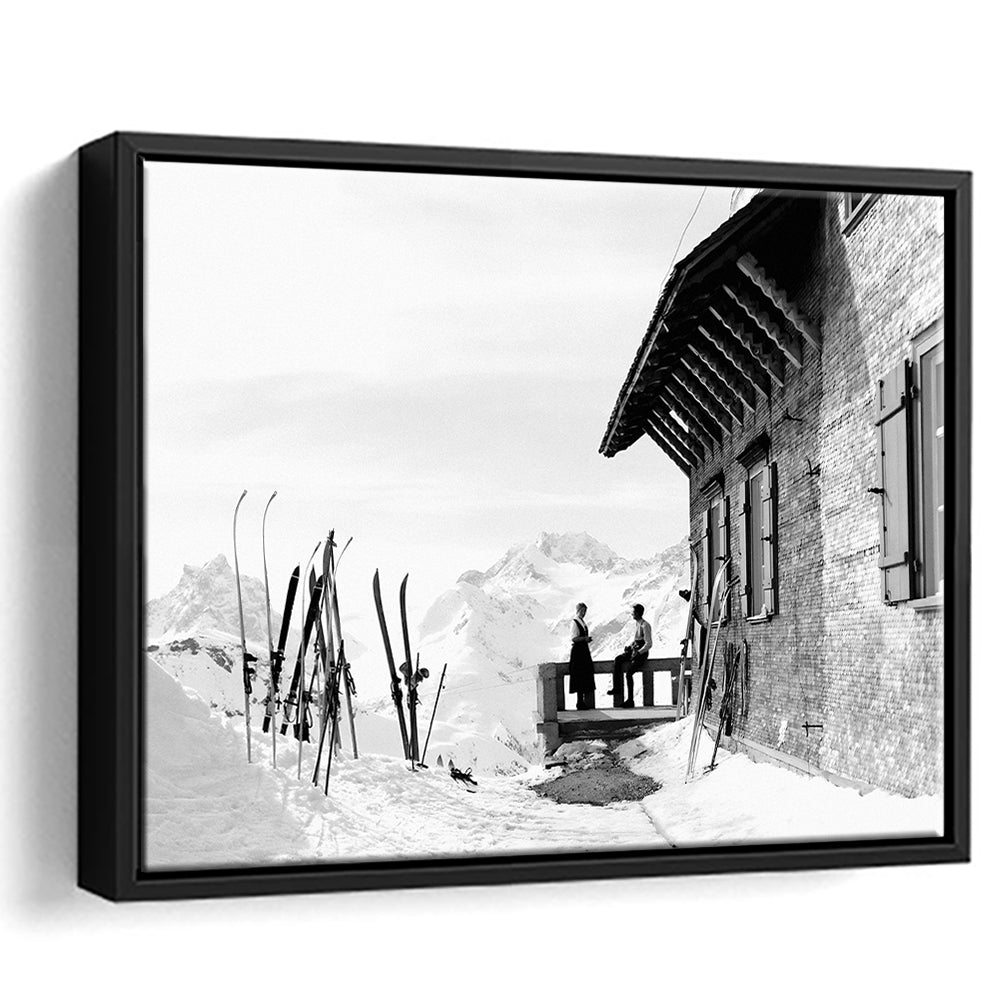 Vintage Apres Ski, Black and White, Skiing Print, Vintage Ski Photo Print, Floating Framed Canvas Print