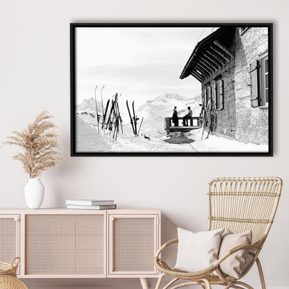 Vintage Apres Ski, Black and White, Skiing Print, Vintage Ski Photo Print, Floating Framed Canvas Print
