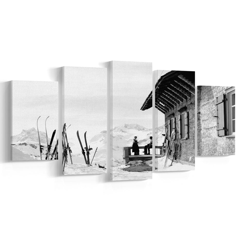 Vintage Apres Ski, Black and White, Skiing Print, Vintage Ski Photo Print, Ski Wall Art, Mixed 5 Pieces Canvas Print