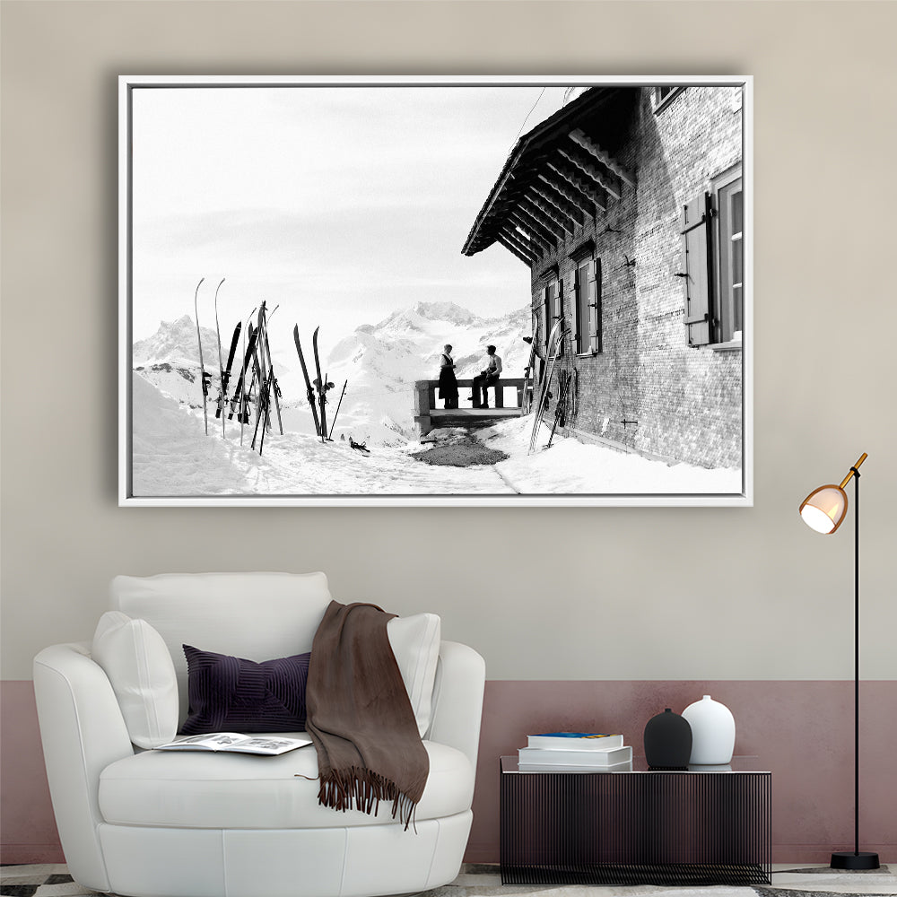 Vintage Apres Ski, Black and White, Skiing Print, Vintage Ski Photo Print, Floating Framed Canvas Print