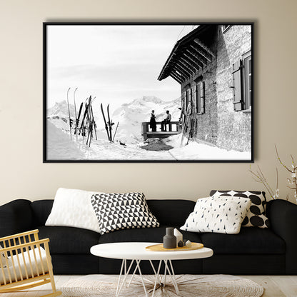 Vintage Apres Ski, Black and White, Skiing Print, Vintage Ski Photo Print, Floating Framed Canvas Print