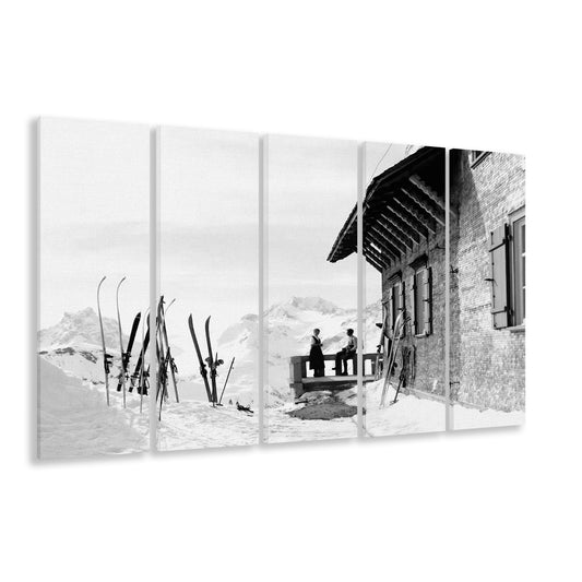 Vintage Apres Ski, Black and White, Skiing Print, Vintage Ski Photo Print, Ski Wall Art, 5 Pieces Large Canvas Print