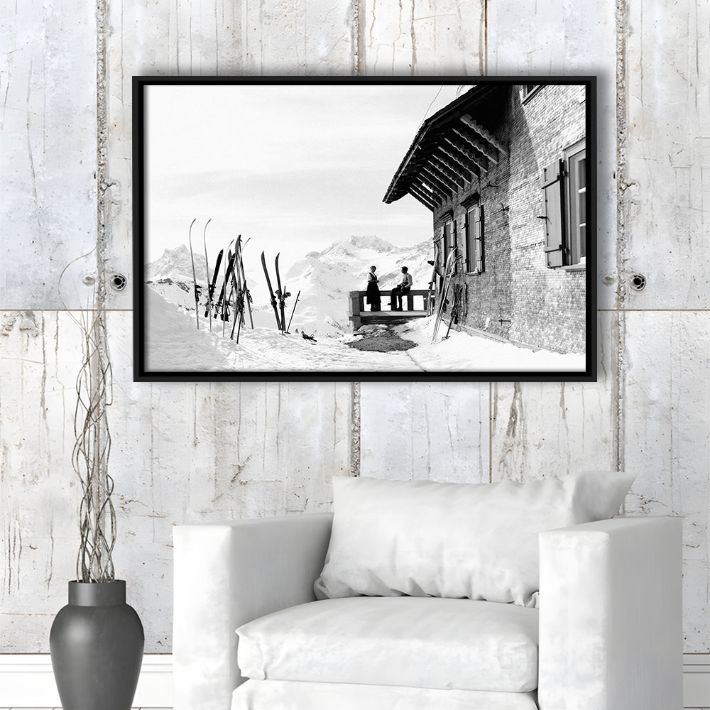 Vintage Apres Ski, Black and White, Skiing Print, Vintage Ski Photo Print, Floating Framed Canvas Print