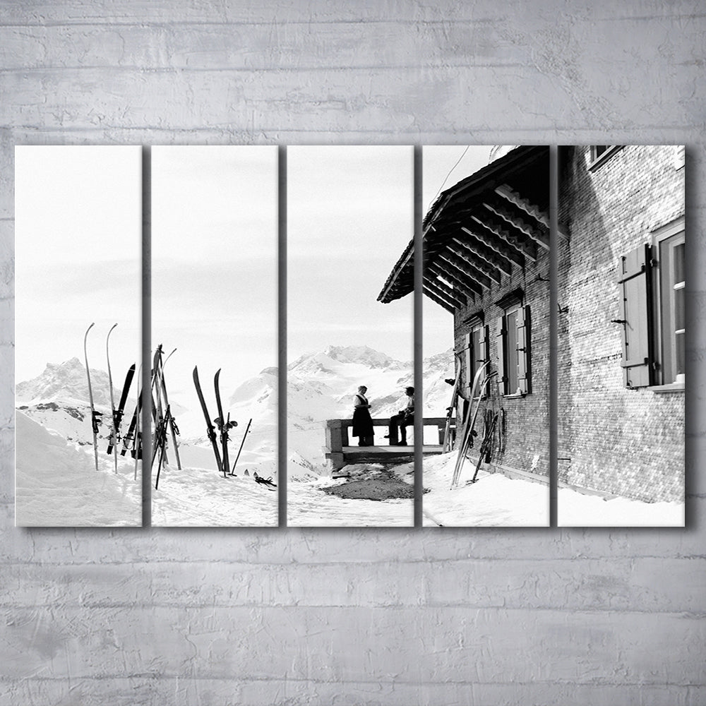 Vintage Apres Ski, Black and White, Skiing Print, Vintage Ski Photo Print, Ski Wall Art, 5 Pieces Large Canvas Print
