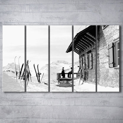 Vintage Apres Ski, Black and White, Skiing Print, Vintage Ski Photo Print, Ski Wall Art, 5 Pieces Large Canvas Print