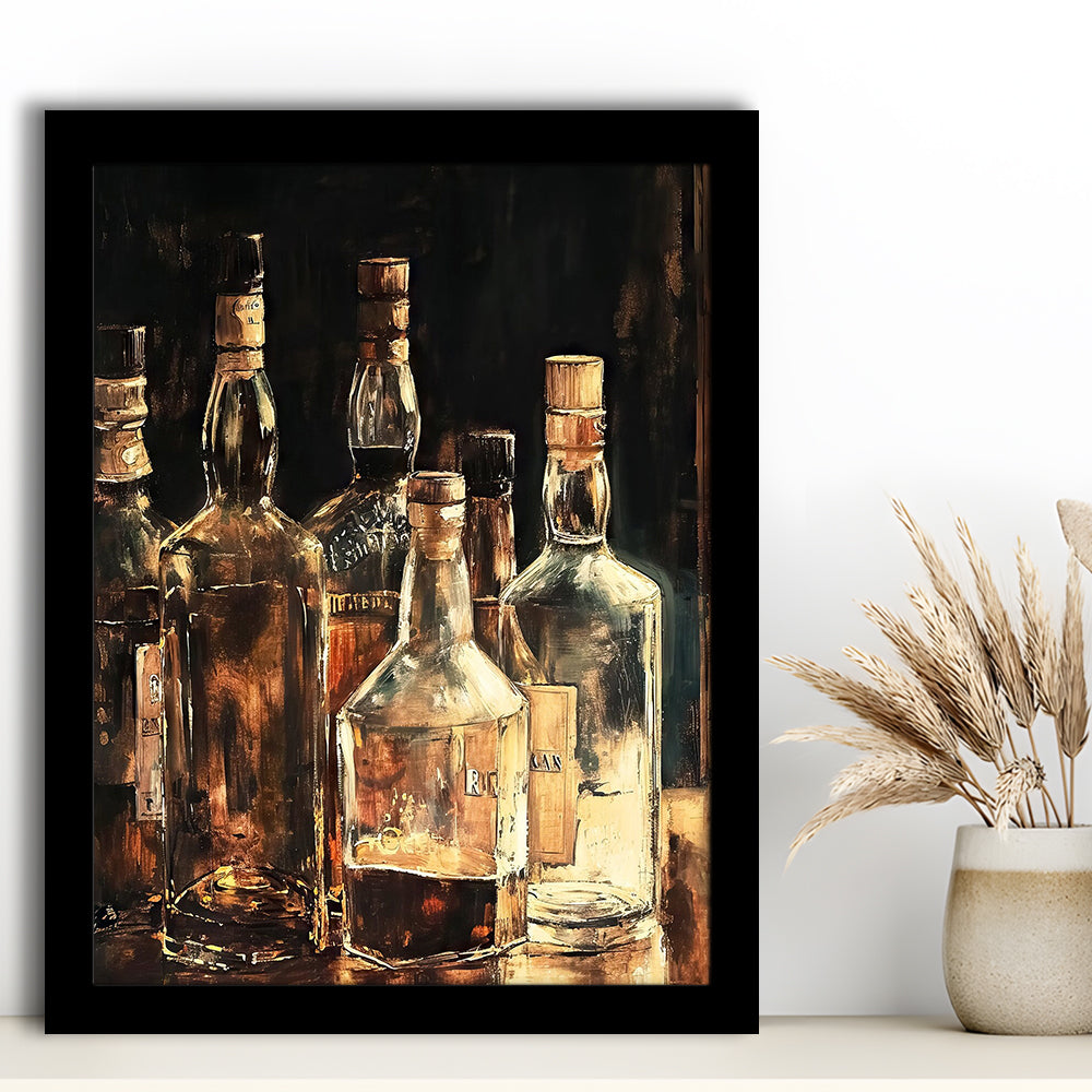 Vintage Bar Glass Bottles Oil Painting Vintage Print Fine Art, Framed Art Print Wall Decor, Picture Framed