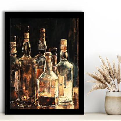 Vintage Bar Glass Bottles Oil Painting Vintage Print Fine Art, Framed Art Print Wall Decor, Picture Framed