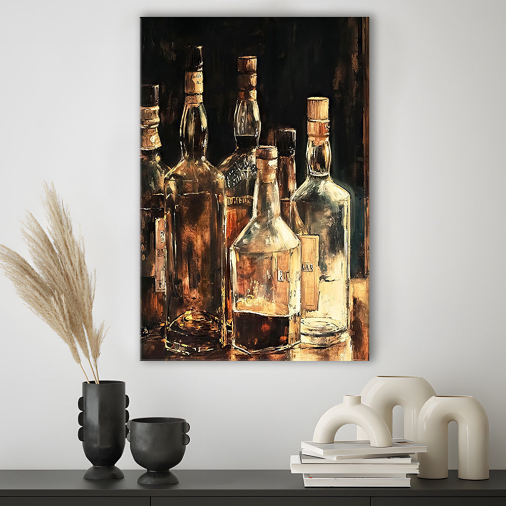 Vintage Bar Glass Bottles Oil Painting Vintage Print Fine Art, Canvas Print Wall Art, Wall Decor, Painting Canvas