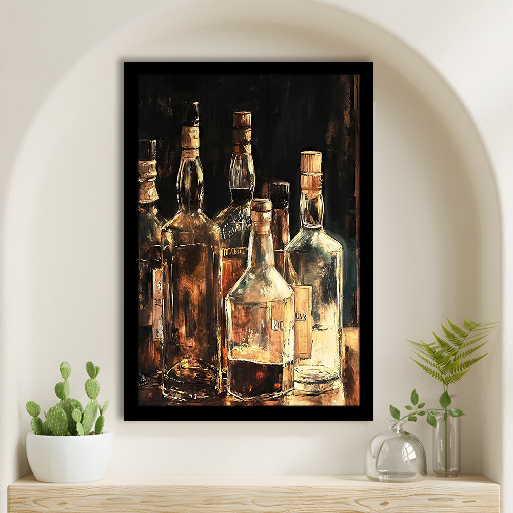 Vintage Bar Glass Bottles Oil Painting Vintage Print Fine Art, Framed Art Print Wall Decor, Picture Framed