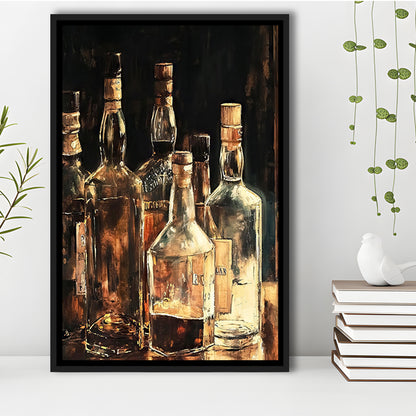 Vintage Bar Glass Bottles Oil Painting Vintage Print Fine Art, Framed Canvas Print Wall Art, Floating Frame