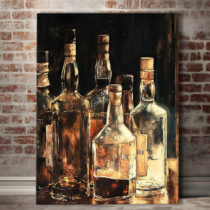 Vintage Bar Glass Bottles Oil Painting Vintage Print Fine Art, Canvas Print Wall Art, Wall Decor, Painting Canvas
