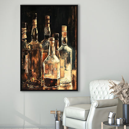 Vintage Bar Glass Bottles Oil Painting Vintage Print Fine Art, Framed Canvas Print Wall Art, Floating Frame
