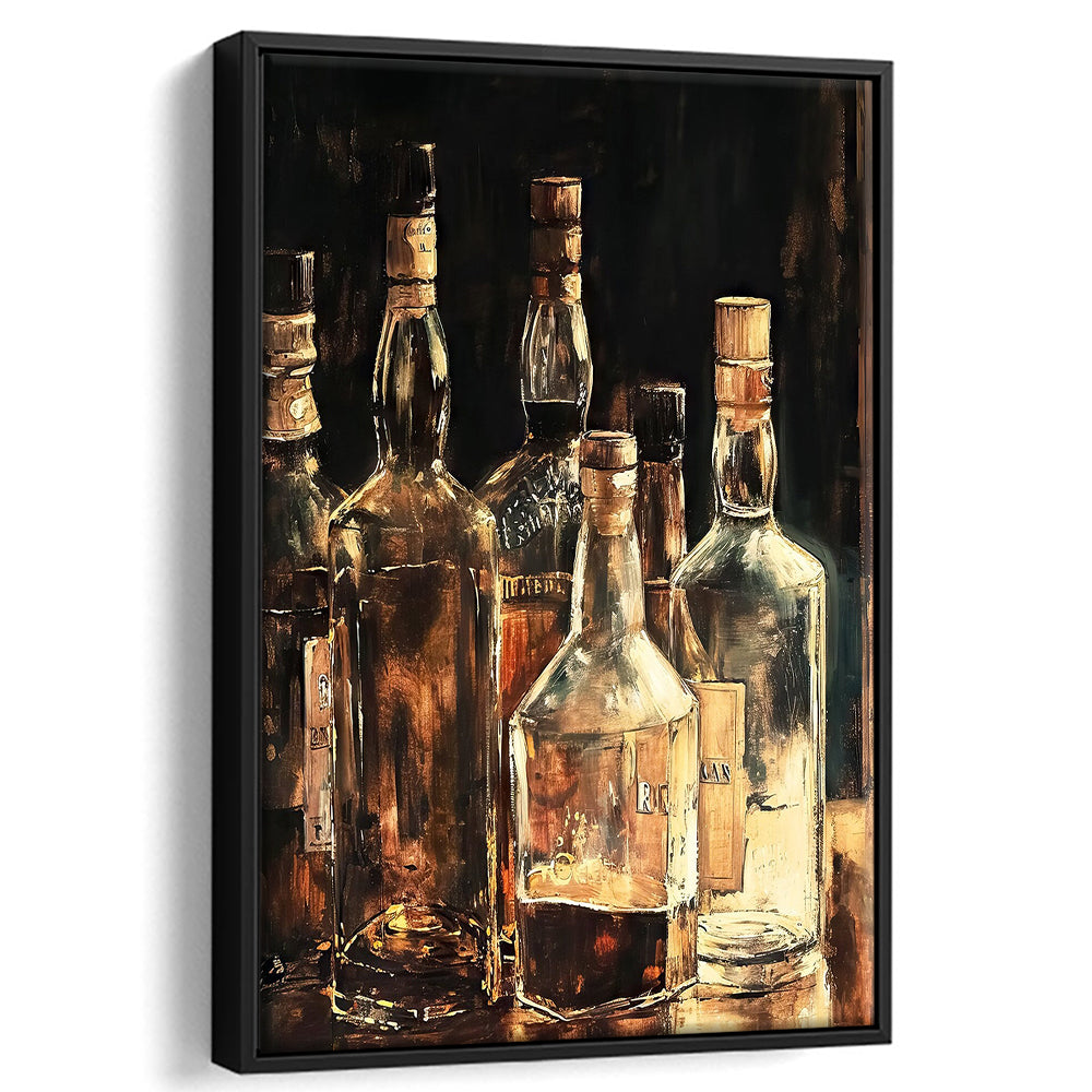Vintage Bar Glass Bottles Oil Painting Vintage Print Fine Art, Framed Canvas Print Wall Art, Floating Frame