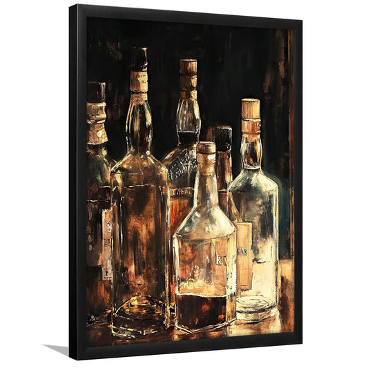Vintage Bar Glass Bottles Oil Painting Vintage Print Fine Art, Framed Art Print Wall Decor, Picture Framed