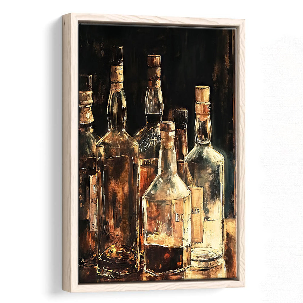 Vintage Bar Glass Bottles Oil Painting Vintage Print Fine Art, Framed Canvas Print Wall Art, Floating Frame
