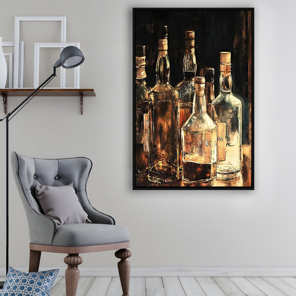 Vintage Bar Glass Bottles Oil Painting Vintage Print Fine Art, Framed Canvas Print Wall Art, Floating Frame