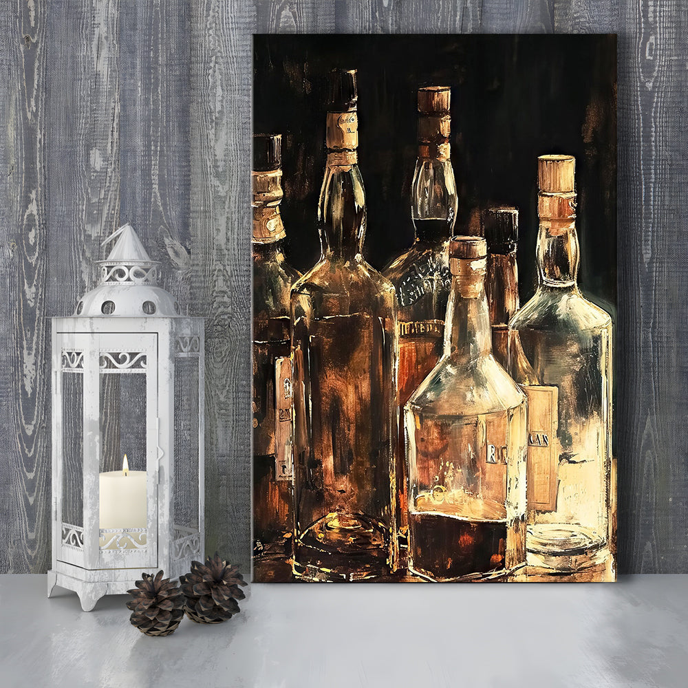 Vintage Bar Glass Bottles Oil Painting Vintage Print Fine Art, Canvas Print Wall Art, Wall Decor, Painting Canvas