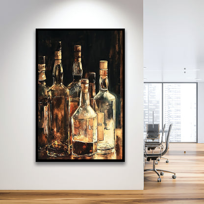 Vintage Bar Glass Bottles Oil Painting Vintage Print Fine Art, Framed Art Print Wall Decor, Picture Framed