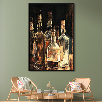 Vintage Bar Glass Bottles Oil Painting Vintage Print Fine Art, Framed Canvas Print Wall Art, Floating Frame