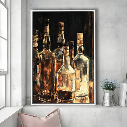 Vintage Bar Glass Bottles Oil Painting Vintage Print Fine Art, Framed Canvas Print Wall Art, Floating Frame