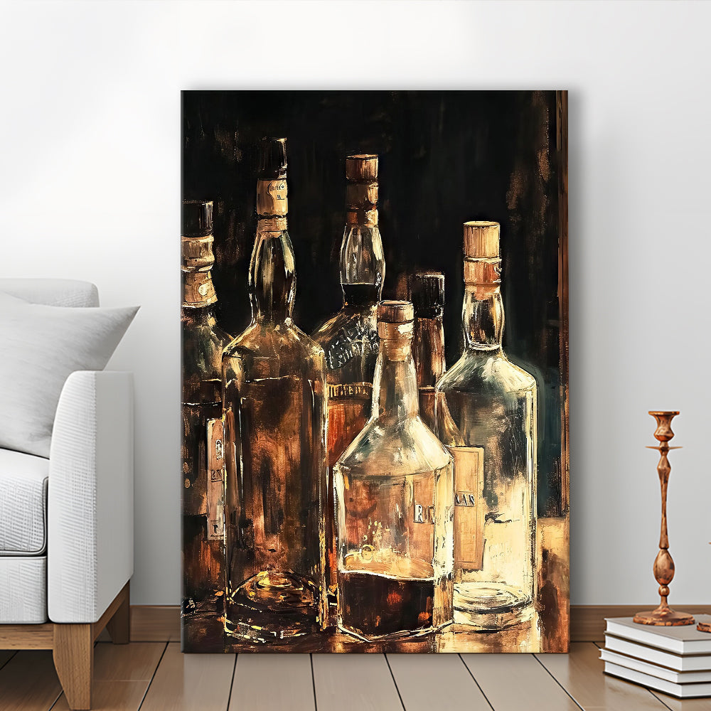Vintage Bar Glass Bottles Oil Painting Vintage Print Fine Art, Canvas Print Wall Art, Wall Decor, Painting Canvas