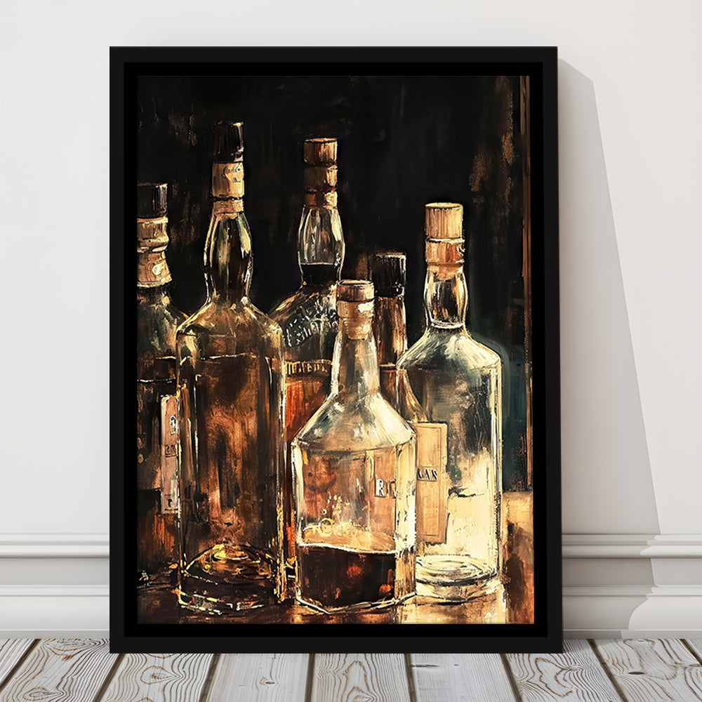 Vintage Bar Glass Bottles Oil Painting Vintage Print Fine Art, Framed Canvas Print Wall Art, Floating Frame