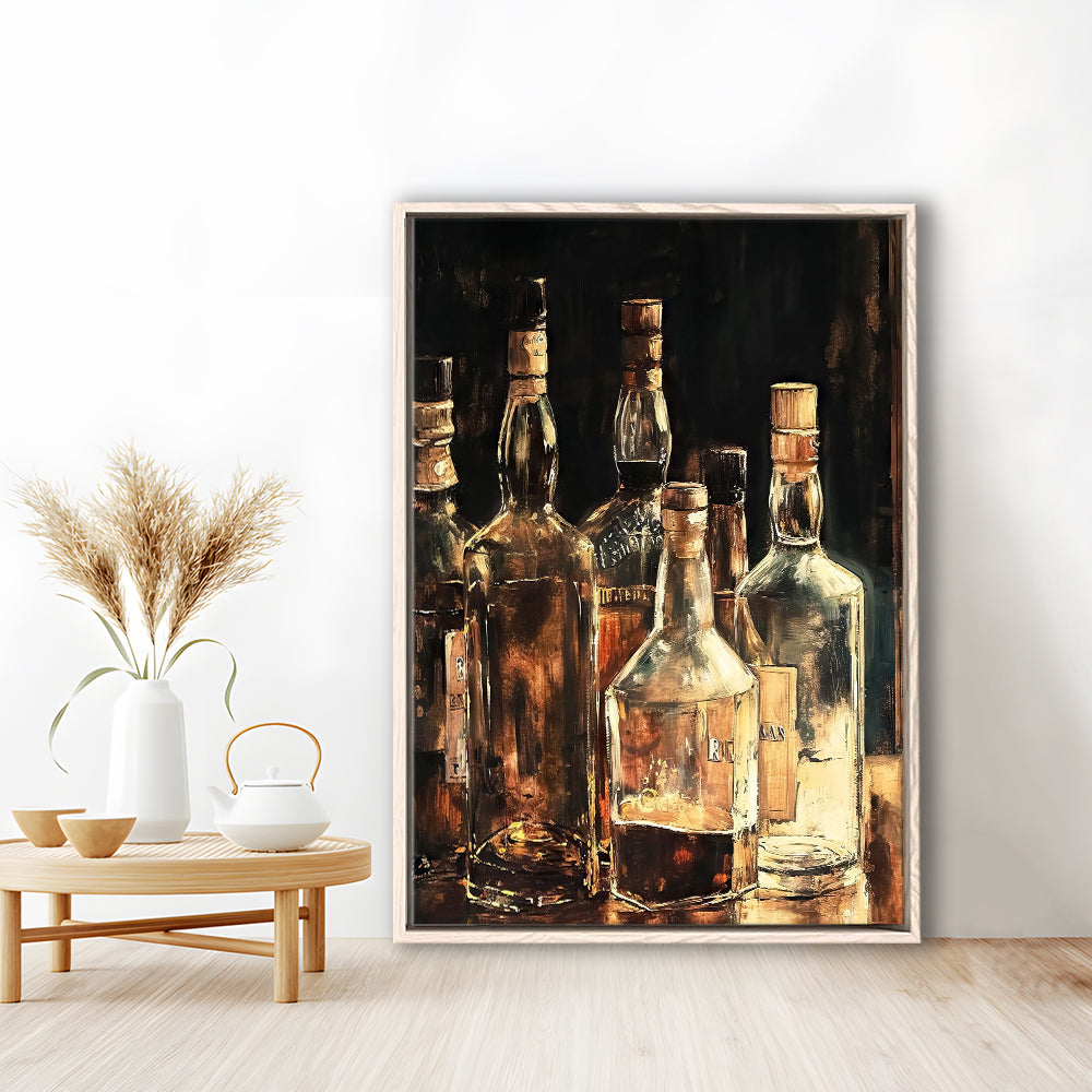 Vintage Bar Glass Bottles Oil Painting Vintage Print Fine Art, Framed Canvas Print Wall Art, Floating Frame