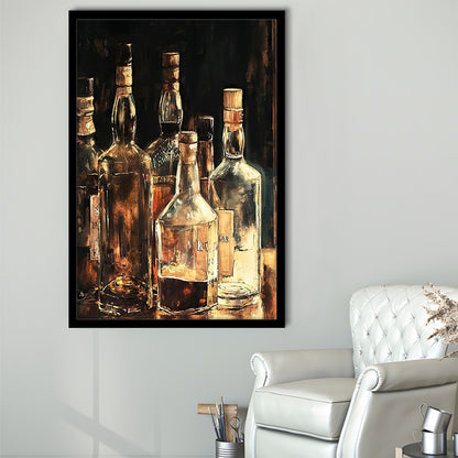 Vintage Bar Glass Bottles Oil Painting Vintage Print Fine Art, Framed Art Print Wall Decor, Picture Framed