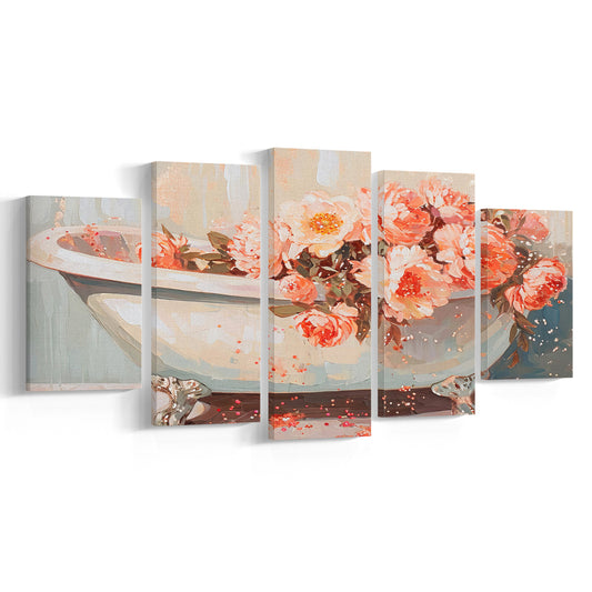Vintage Bathroom Art Print Painting  Bathroom Painting, 5 Panel Mixed Canvas Print Wall Art, Large Canvas