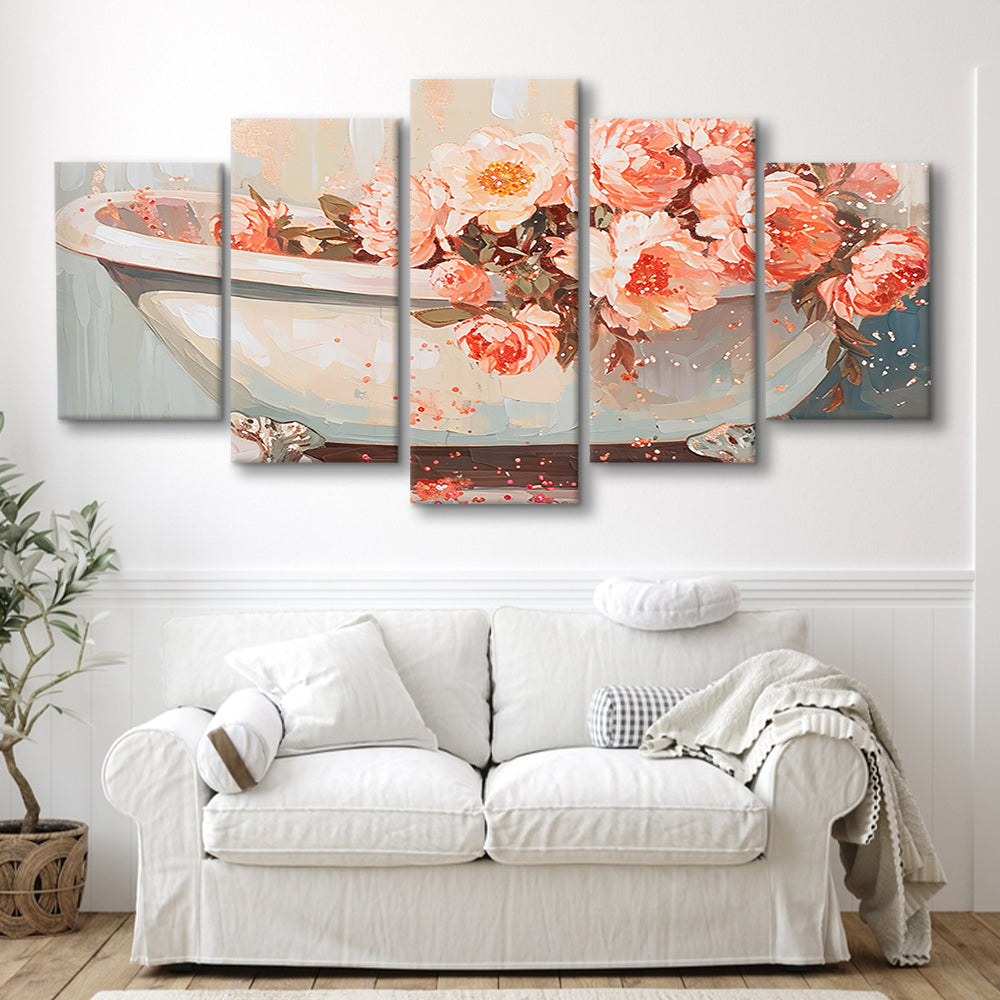 Vintage Bathroom Art Print Painting  Bathroom Painting, 5 Panel Mixed Canvas Print Wall Art, Large Canvas