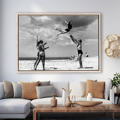 Vintage Beach Print, Black and White, Retro Wall Art, Summer Beach Art, Floating Framed Canvas Print