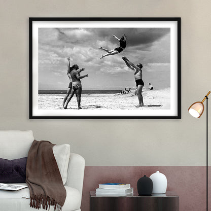 Vintage Beach Print, Black and White, Retro Wall Art, Summer Beach Art, Framed Art Print White Border Wall Decor