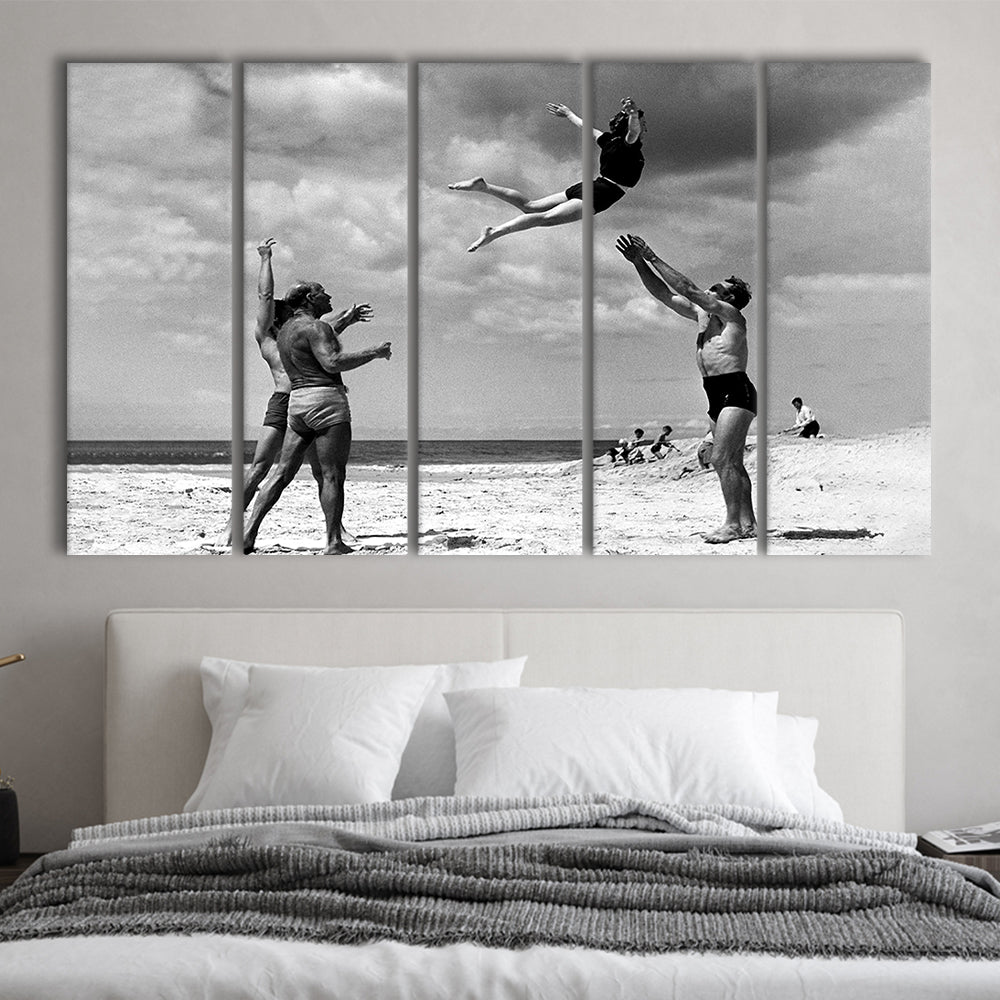 Vintage Beach Print, Black and White, Retro Wall Art, Summer Beach Art, 5 Pieces Large Canvas Print