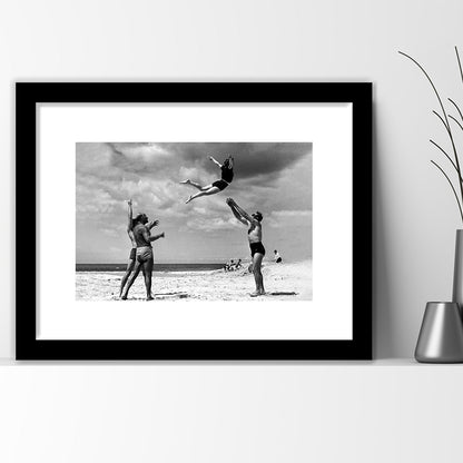 Vintage Beach Print, Black and White, Retro Wall Art, Summer Beach Art, Framed Art Print White Border Wall Decor