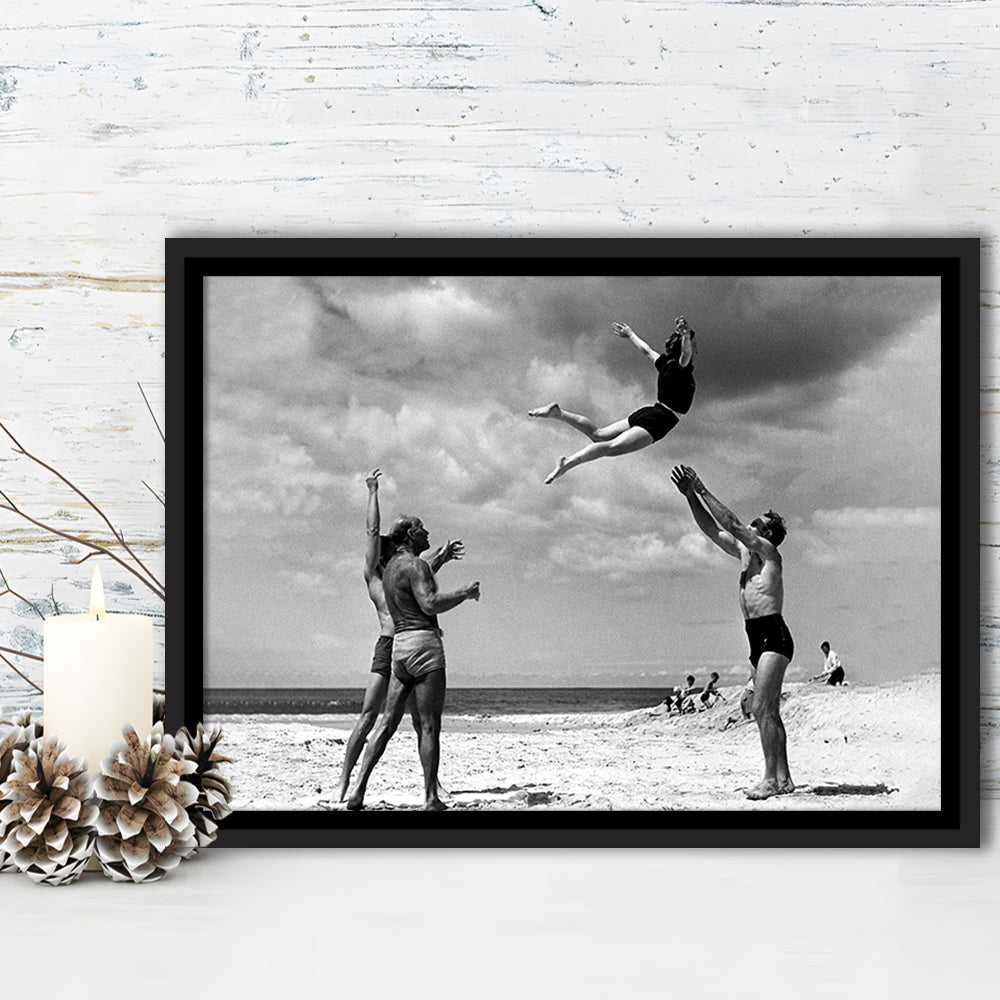 Vintage Beach Print, Black and White, Retro Wall Art, Summer Beach Art, Floating Framed Canvas Print