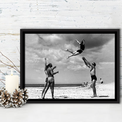 Vintage Beach Print, Black and White, Retro Wall Art, Summer Beach Art, Floating Framed Canvas Print