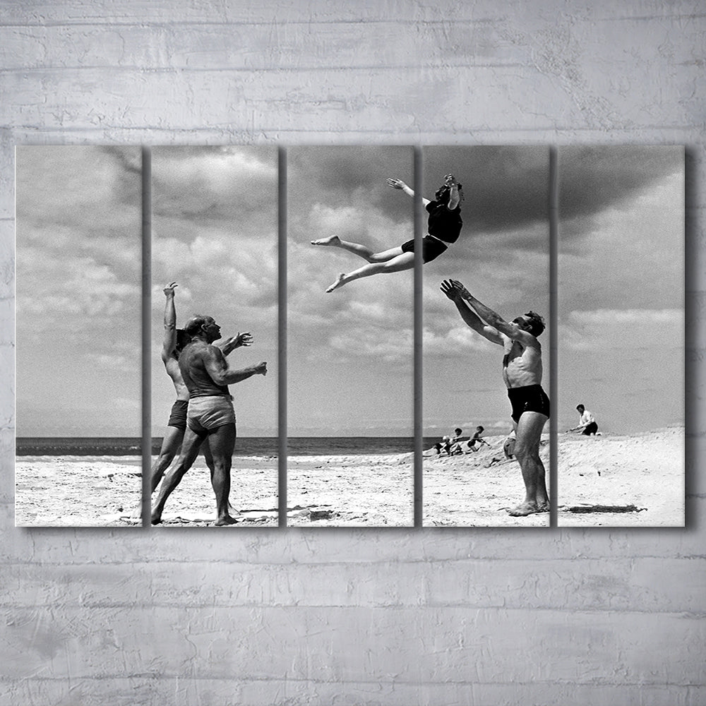 Vintage Beach Print, Black and White, Retro Wall Art, Summer Beach Art, 5 Pieces Large Canvas Print