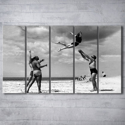 Vintage Beach Print, Black and White, Retro Wall Art, Summer Beach Art, 5 Pieces Large Canvas Print