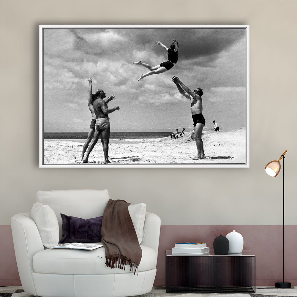 Vintage Beach Print, Black and White, Retro Wall Art, Summer Beach Art, Floating Framed Canvas Print