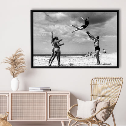 Vintage Beach Print, Black and White, Retro Wall Art, Summer Beach Art, Floating Framed Canvas Print