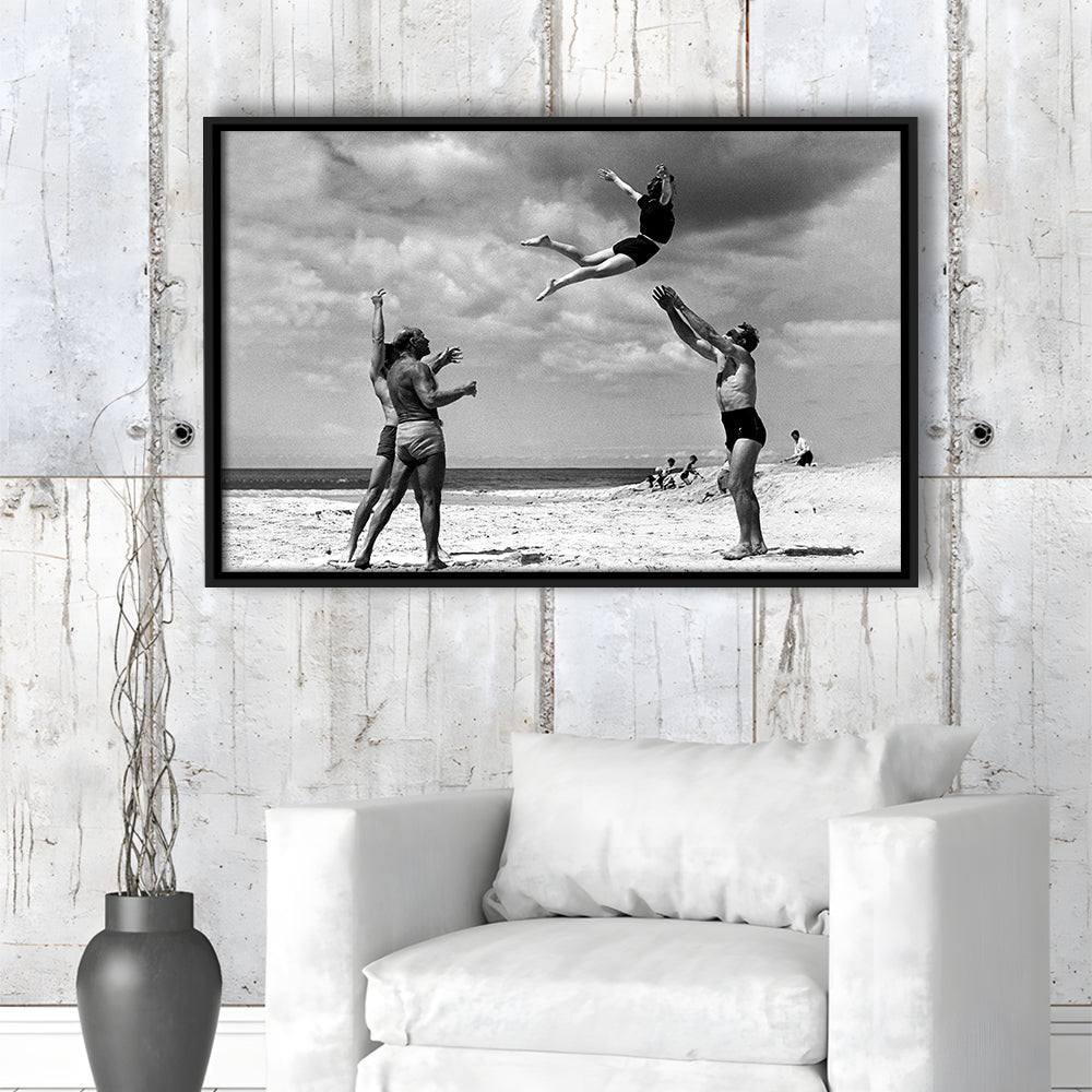 Vintage Beach Print, Black and White, Retro Wall Art, Summer Beach Art, Floating Framed Canvas Print